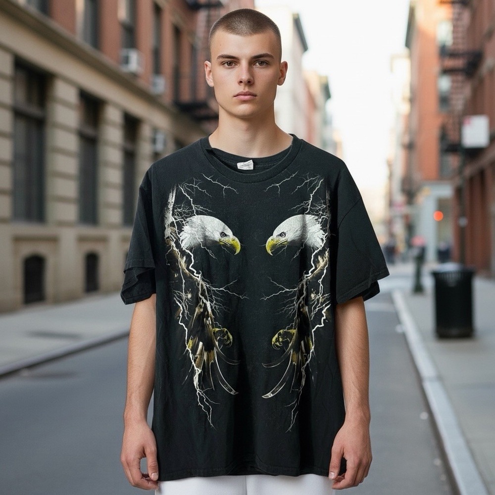 Gildan Double Eagle Shirt Mens L Black Eagle Lightning Thunder‎ Cotton Y2K